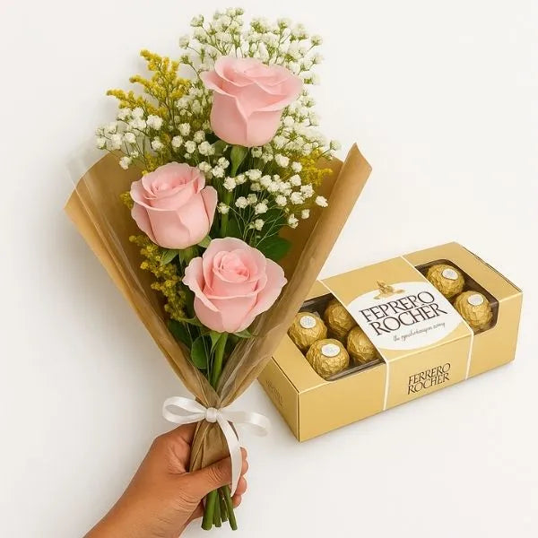 Buquê De 3 Rosas Rosadas Com Ferrero Rocher