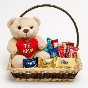 Cesta Carinho Doce Com Urso De Pelúcia