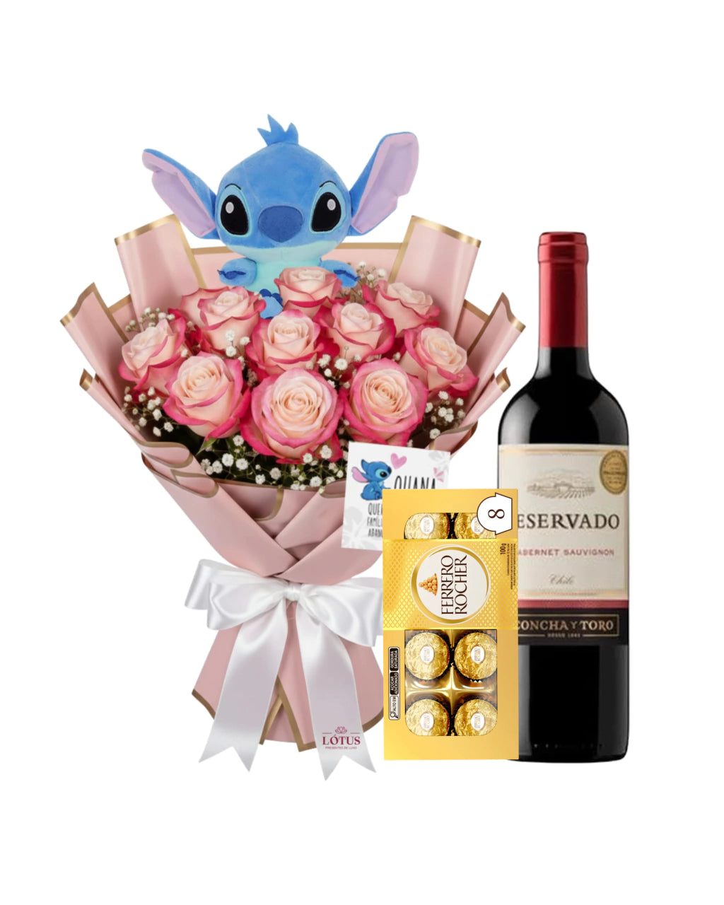 Buquê Ohana Com 10 Rosas Cor De Rosa Com Pelúcia Sticth + Vinho + Ferrero Rocher (8 Unid)