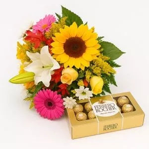 Buquê De Flores Coloridas Com Girassol E Caixa Ferrero Rocher