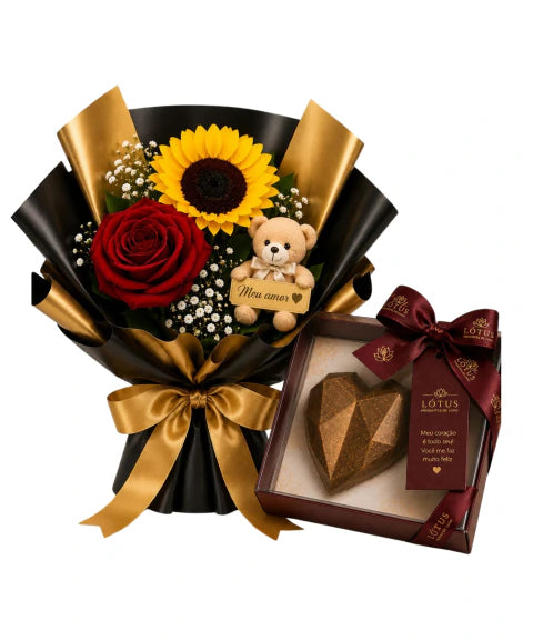 Kit Duo De Rosa Vermelha E Girassol Com Pitico + Chocolate Coração Lapidado