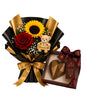 Kit Duo De Rosa Vermelha E Girassol Com Pitico + Chocolate Coração Lapidado